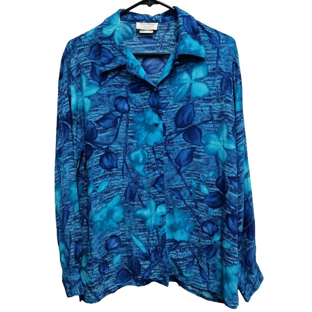 Vintage 90s Toni Marie Womens Blouse Top Large Blue Floral Long Sleeve Tropical